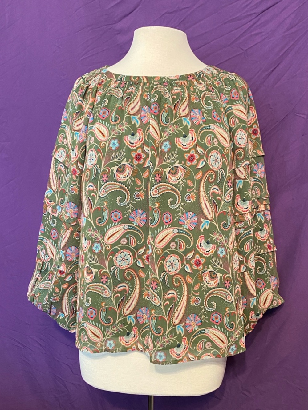 LOFT Olive Green Paisley Peasant Top